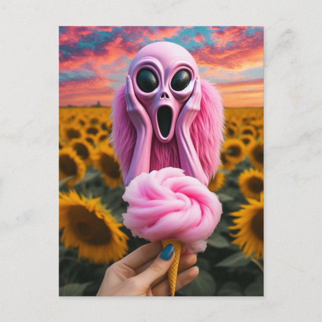 Pink Alien Screams in Van Gogh Sunflower Field Postcard (Front)