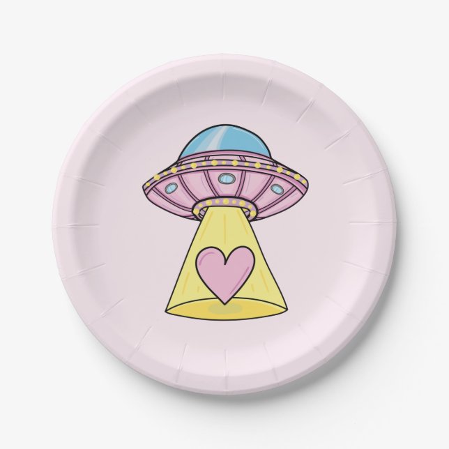 Pink Alien Spaceship Paper Plates (Front)