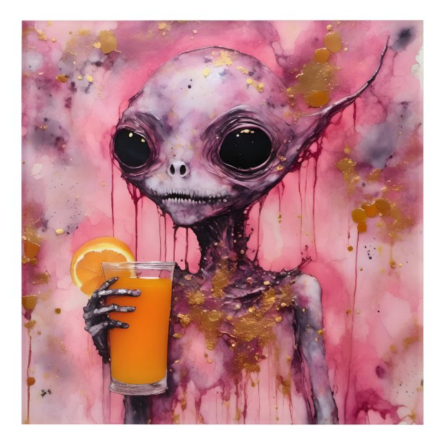Pink Alien With An Orange Juice Acrylic Print (Front)