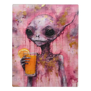 Pink Alien With An Orange Juice Jigsaw Puzzle