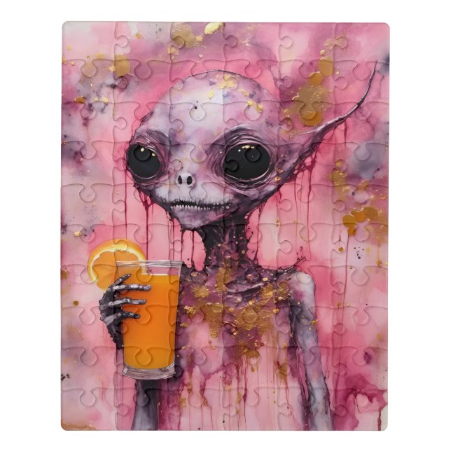 Pink Alien With An Orange Juice Jigsaw Puzzle (Puzzle Vertical)