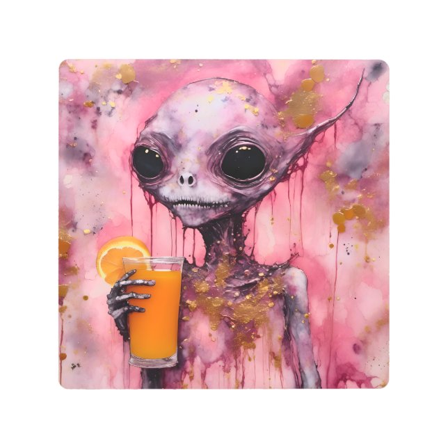 Pink Alien With An Orange Juice Metal Print (Front)
