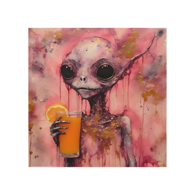 Pink Alien With An Orange Juice Wood Wall Art (Front)