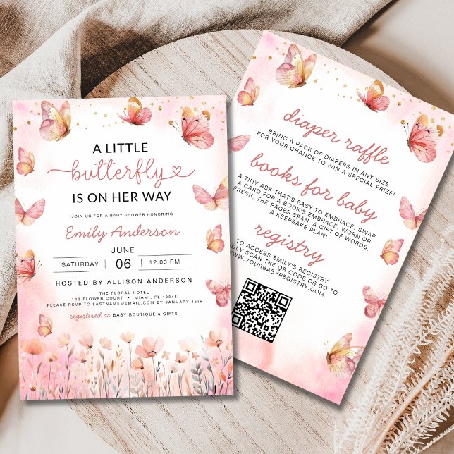 Pink All in One QR Code Girl Butterfly Baby Shower Invitation (Creator Uploaded)