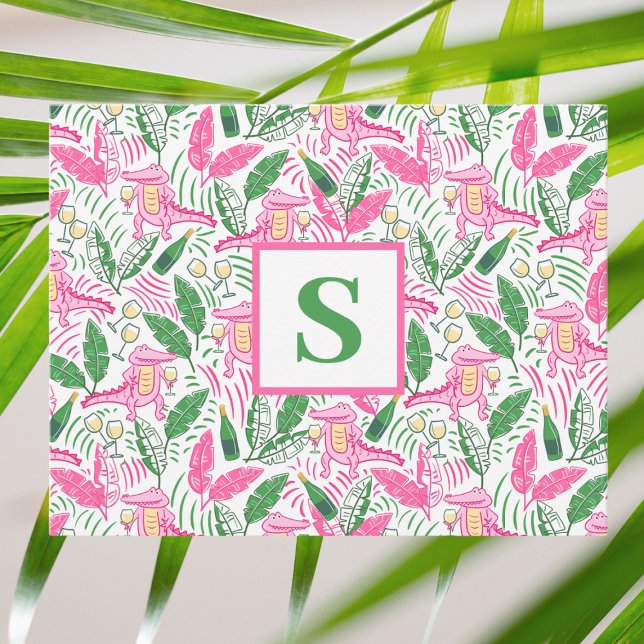 Pink Alligator Chardonnay Monogram Preppy Thank You Card (Creator Uploaded)