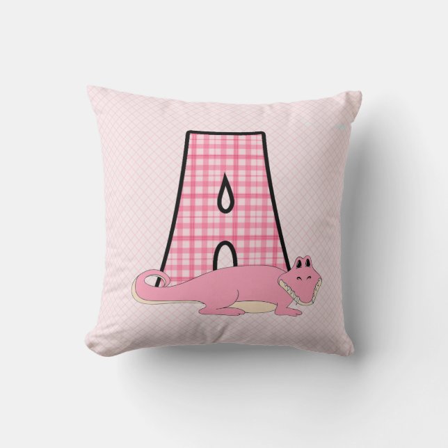 Pink Alligator Kid's Monogrammed "A" Throw Pillow (Front)