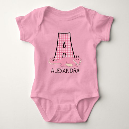 Pink Alligator Letter A Monogram with Girls Name  Baby Bodysuit
