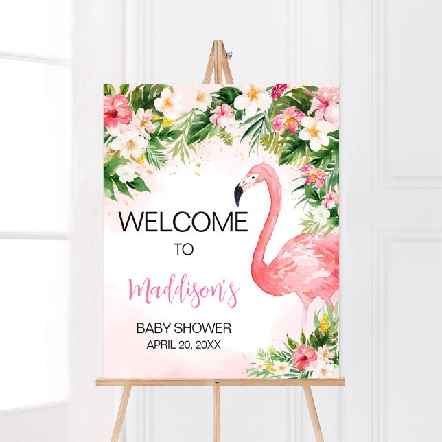 Pink Aloha Flamingo Baby Shower Welcome Poster (Girl Floral Flamingle Baby Shower Welcome Sign)