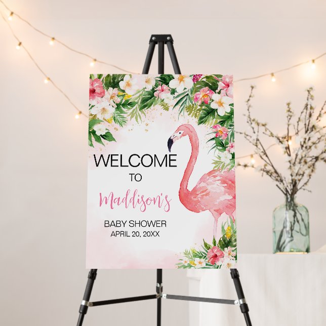 Pink Aloha Flamingo Baby Shower Welcome Sign (In Situ (Stand))