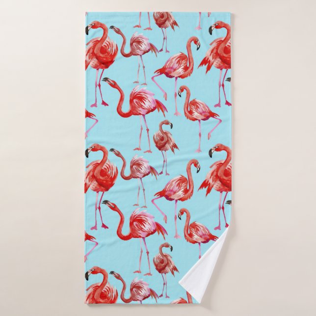Pink Aloha Flamingo Bird Pattern on Teal Bath Towel Set (Bath Towel)