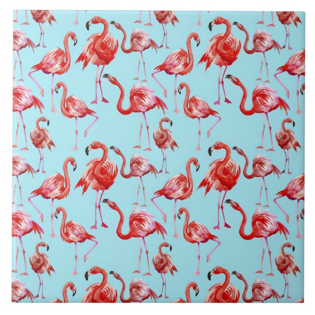 Pink Aloha Flamingo Bird Pattern on Teal Ceramic Tile (Front)