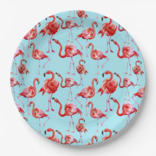 Pink Aloha Flamingo Bird Pattern on Teal Paper Plates
