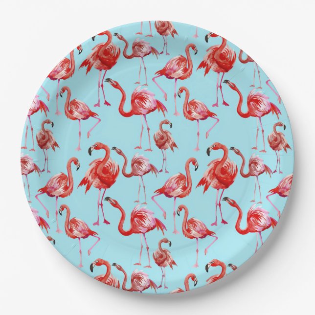 Pink Aloha Flamingo Bird Pattern on Teal Paper Plates (Front)
