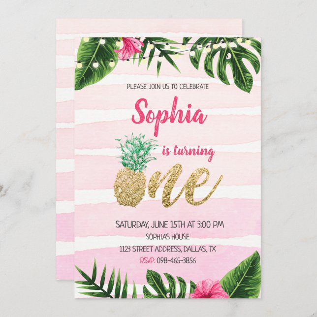 Pink Aloha Gold One Birthday Invitation (Front/Back)