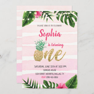 Pink Aloha Gold One Birthday Invitation