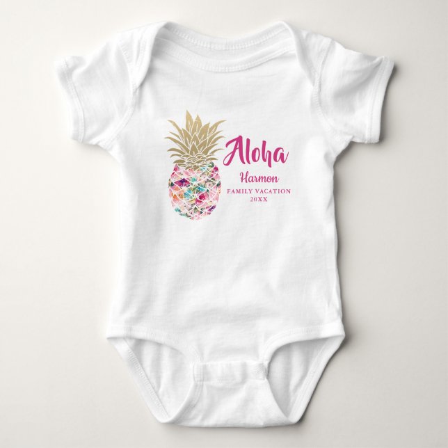 Pink Aloha Pineapple Family Vacation Custom Baby Bodysuit (Front)