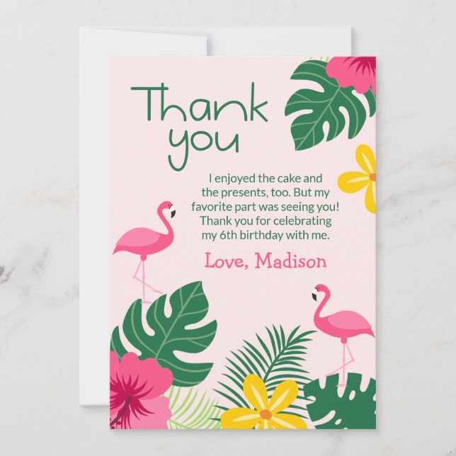 Pink Aloha Tropical Flamingo Birthday Thank You Card (Front)