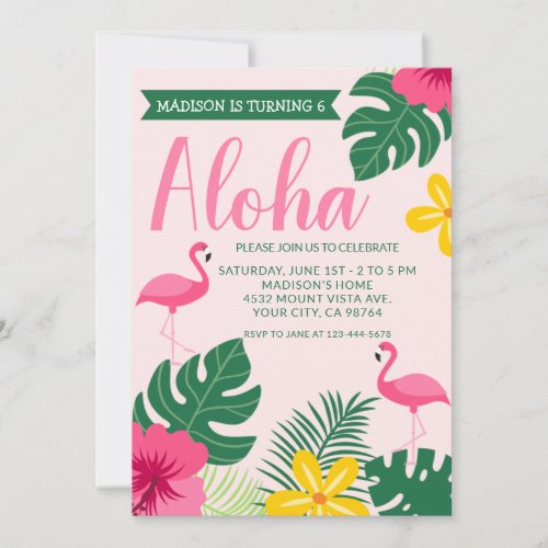 Pink Aloha Tropical Flamingo Luau 6th Birthday Invitation