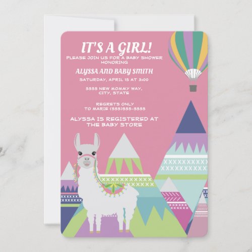 Pink Alpaca Balloon Baby Girl Shower Invitation
