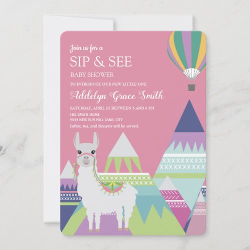 Pink Alpaca Balloon Baby Girl Sip See Baby Shower Invitation