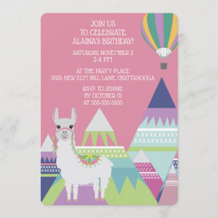 Pink Alpaca Balloon Little Girl Birthday Invitation