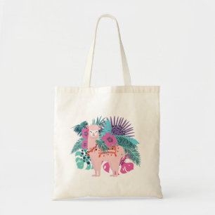 Pink alpaca, llama tropical leaves and flowers des tote bag
