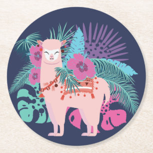 Pink alpaca, llama tropical leaves and flowers round paper coaster