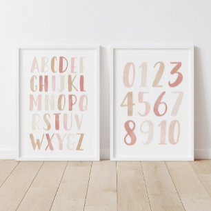 Pink Alphabet and Numbers Educational Classroom Wall Art Sets