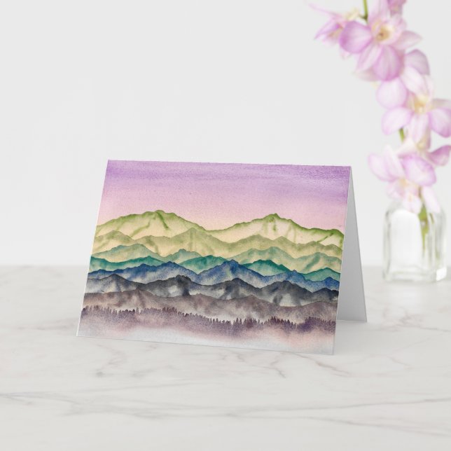 Pink Alpine Glow Watercolor Mountain Landscape Card (Orchid)