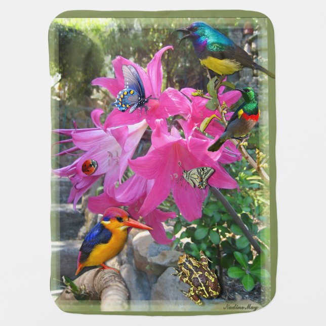 Pink- Amaryllis & white Cactus flower Baby Blanket (Front)