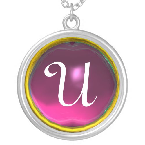 Pink Amethyst Gem  Monogram Silver Plated Necklace