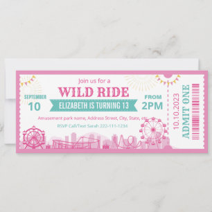 Pink Amusement Park Birthday Invitation Ticket