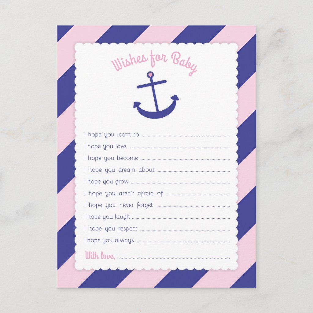 Pink Anchor Baby Shower Wishes for Baby Advice Card