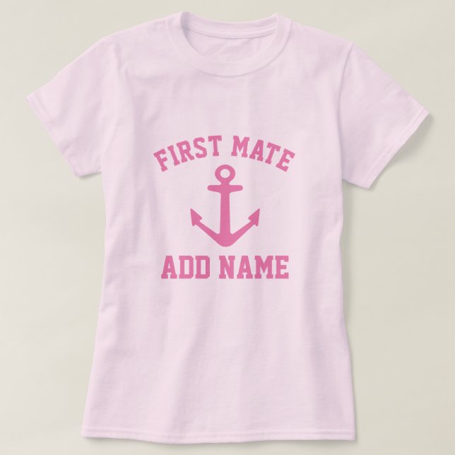 Pink anchor first mate boating t shirt for women (Design Front)