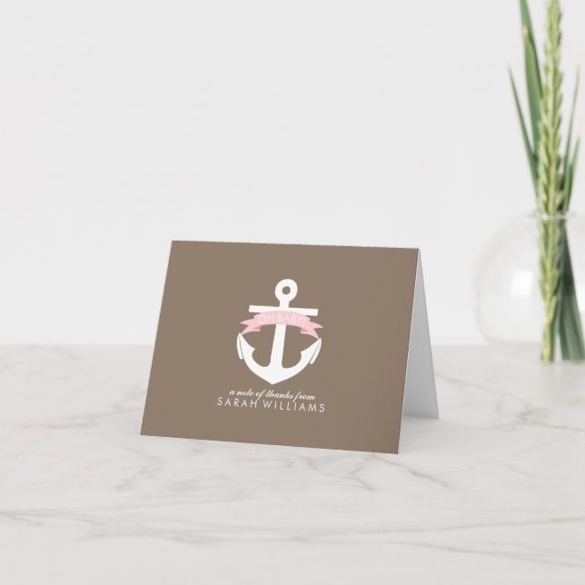 Pink Anchor Nautical Baby Shower Thank You Card (Front)