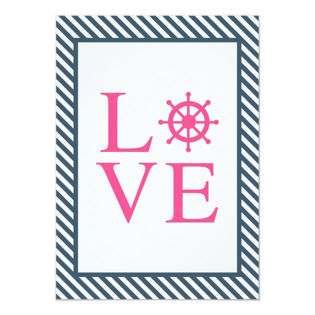 Pink Anchor Nautical Navy Blue Stripe Wedding Invitation