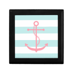 Pink Anchor on Mint Stripes Jewelry Box