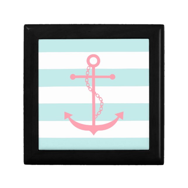 Pink Anchor on Mint Stripes Jewelry Box (Front)