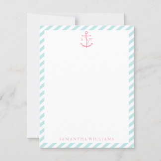 Pink Anchor on Mint Stripes Monogrammed Note Cards