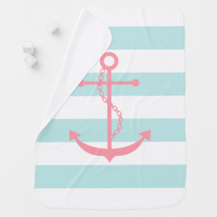 Pink Anchor on Mint Stripes Stroller Blanket