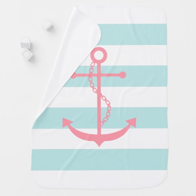 Pink Anchor on Mint Stripes Stroller Blanket (In Situ)
