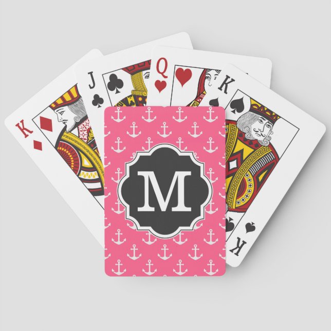 Pink Anchor Pattern Monogram Poker Cards (Back)