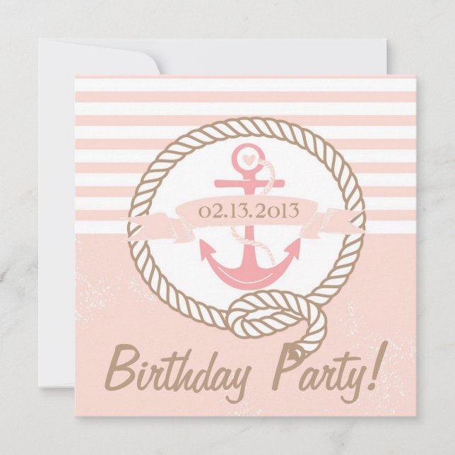 Pink Anchor Stripes Nautical Birthday Invitation (Front)