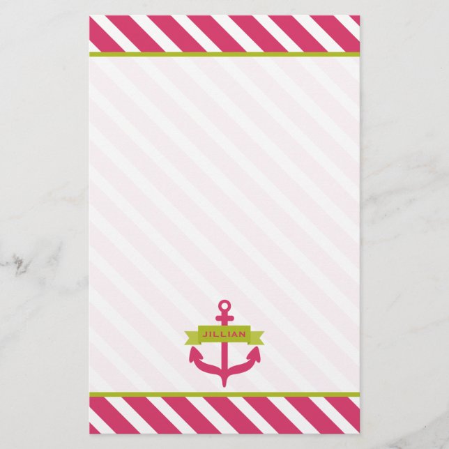 Pink Anchor & Stripes Personalized Stationery (Front)