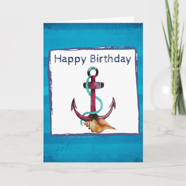 Pink Anchor With Rope And Seashells Birthday Card (Front)
