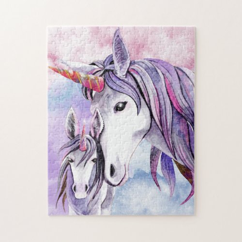 Pink And Amethyst  Unicorn Mother and Child Jigsaw Puzzle