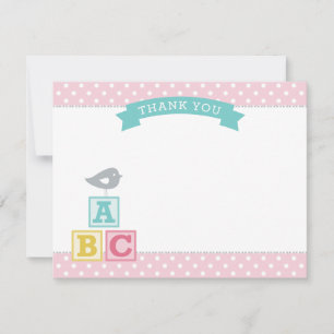 Pink and Aqua ABC Blocks Bird Baby Girl Thank You Card