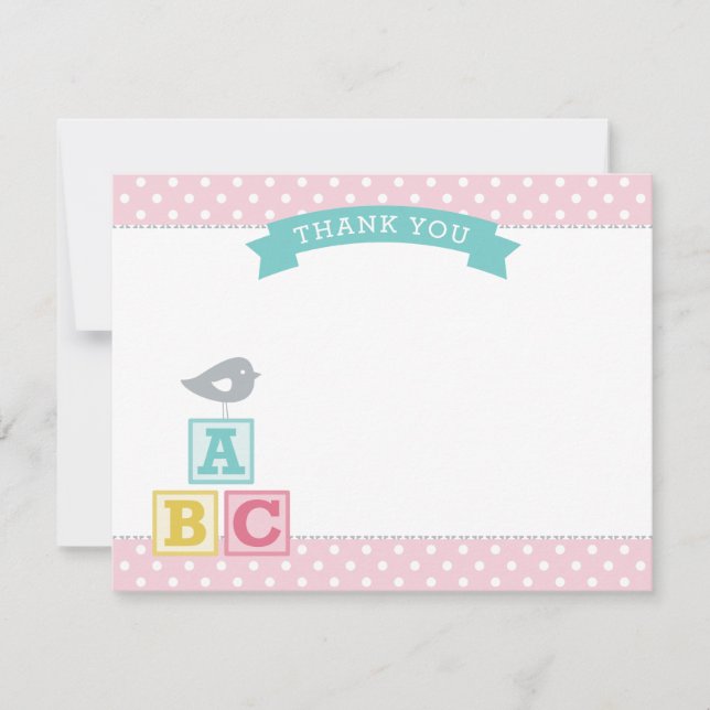 Pink and Aqua ABC Blocks Bird Baby Girl Thank You Card (Front)