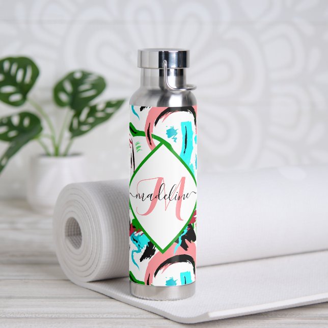 Pink and aqua abstract  personalized water bottle (Yoga)