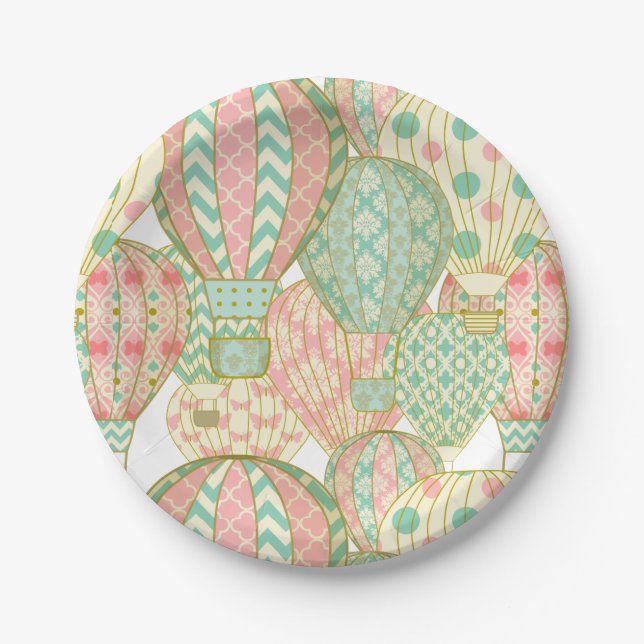 Pink and Aqua Blue Hot Air Balloons Pattern Paper Plates (Front)